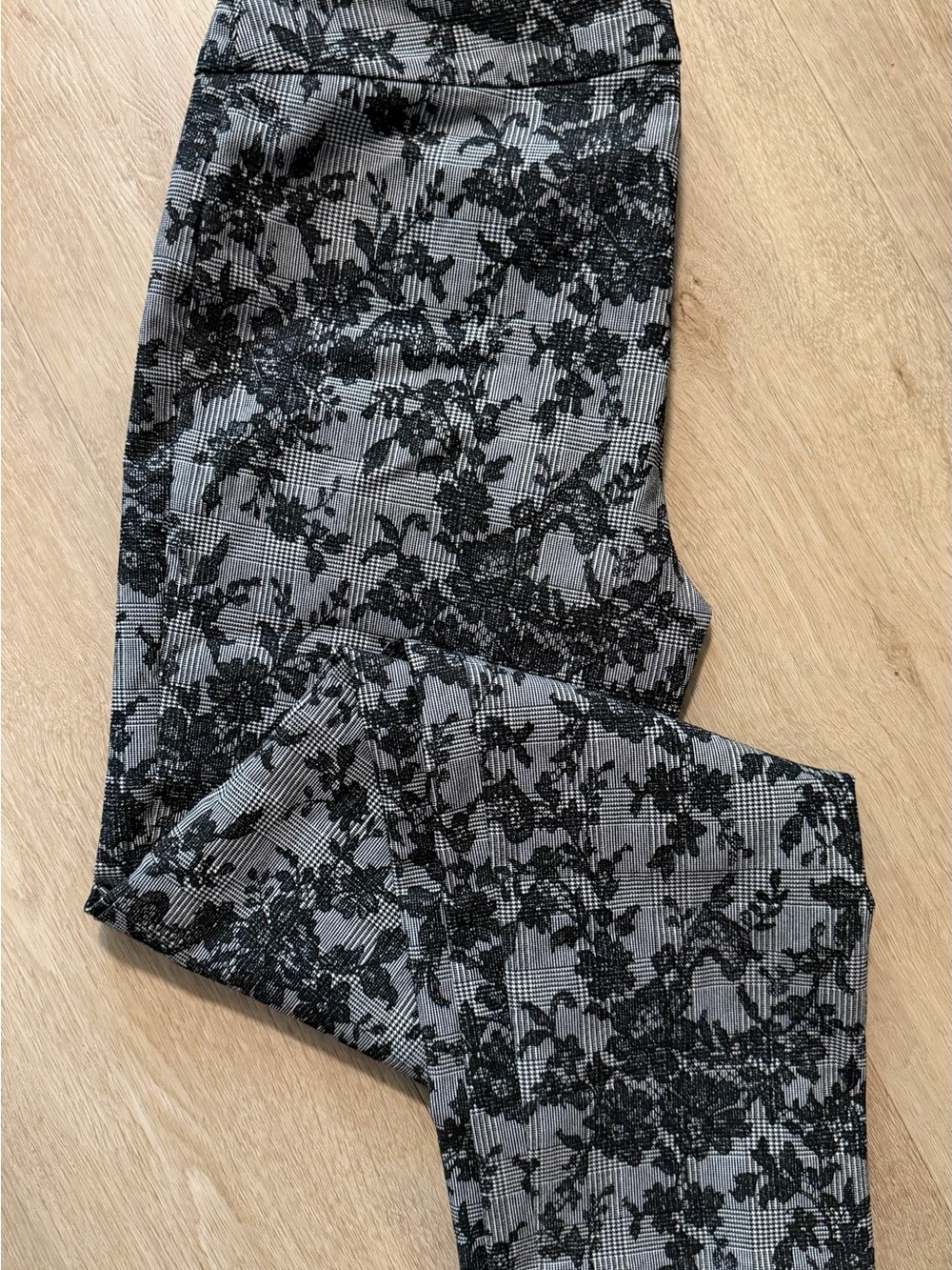 Joseph Ribkoff Gray Plaid Dress Pants with Black Lace Overlay
